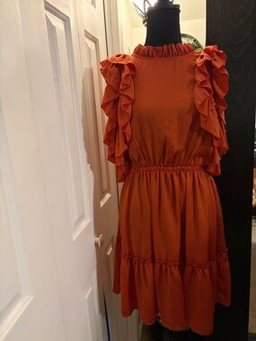 Ruffled Sleeve Mini Dress in Burnt Orange